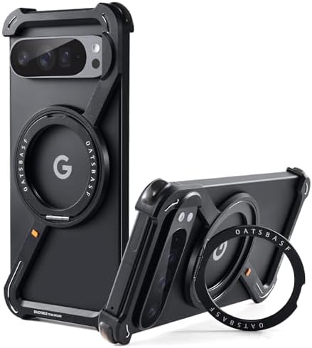 OATSBASF Minimalist Phone Case Compatible with Google Pixel 9 Pro XL, 360° Rotation Kickstand Aluminum Metal Frameless Design Bumper Z Case, Protective Shock Grade Shell, Black