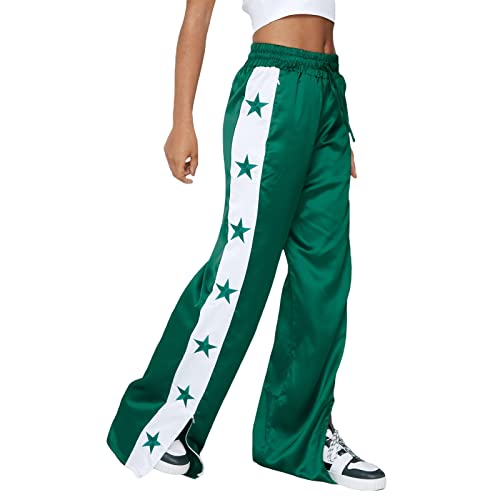 Women's Drawstring Pants High Waist Star Print Wide Leg Trousers Baggy Split Hem BottomLong Pants3