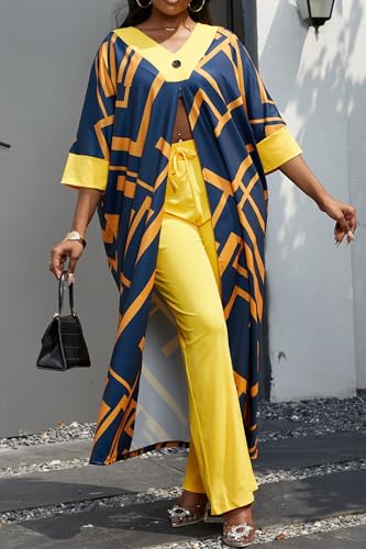 LROSEY Fall African 2 Piece Outfits Caftans for Women Floral V Neck Long Cardigan Cover Up Wide Leg Pants Sets Plus Size3