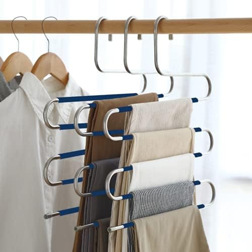 Pants Hangers Non Slip Space Saving Hangers 4 Pack S-Shape Trousers Hangers Stainless Steel Clothes Hangers Closet Organizer for Pants Jeans Scarf Trouser Tie Towel(4 Pack Blue)