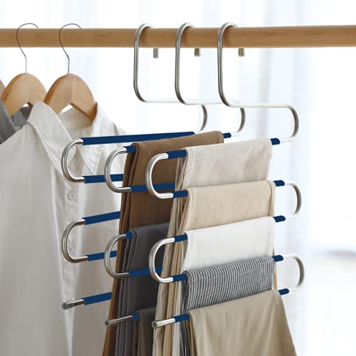 devesanter Hosenbügel, rutschfest, platzsparend, 4 Stück, S-förmige Hosenbügel, Edelstahl-Kleiderbügel, Schrank-Organizer für Hosen, Jeans, Schals, Hosen, Krawatten, Handtücher, 4 Stück, Blau