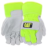 Cat CAT013103L Pigskin Palm Gloves – Neon green, Large, Gunn-Cut, High-Vis Leather Gloves with Rubberized Safety Cuffs