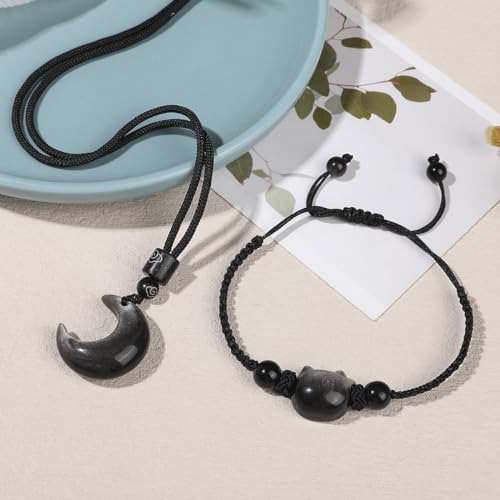 Black Obsidian Cat Bracelet and Moon Pendant Necklace Jewelry Set-Cat Lover Gifts,Wealth Attraction,Good Luck,Bead Bracelet,Mindfulness,Beaded Bracelets, Obsidian Pendant Necklace-Cute Gifts for Women3