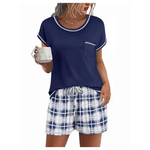 Ekouaer Conjunto de pijama feminino, 2 peças, macio, manga curta, top e shorts, gola redonda, conjunto lounge, com bolsos, azul marinho e branco, xadrez médio