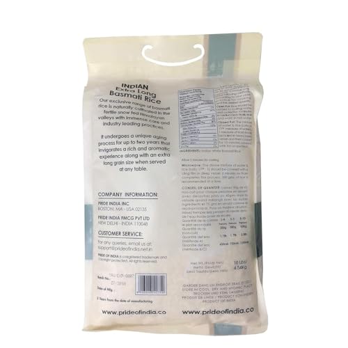 Pride Of India - Extra Long Indian Premium White Basmati Rice, 10 Pound (4.54 Kilo) Reclosable Bag - Naturally Aromatic, Aged, Flavorful, Slender, Non Sticky Grains - Great Value for Money
