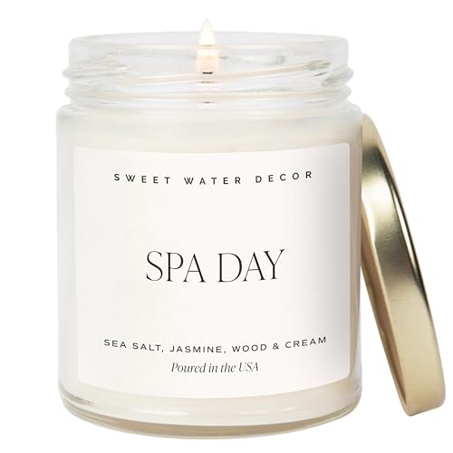 Sweet Water Decor Spa Day Soy Candle - Sea Salt, Jasmine, Wood and Cream Scented Spring Candles for Home - 9oz Clear Jar + Gold Lid, 40+ Hour Burn Time, Made in The USA