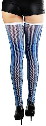 ToBeInStyle Women's Spandex Blue-Orange Mixed Zig Zag Design Thigh Hi Hosiery2