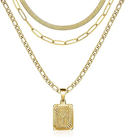 Dainty Layered Initial Necklaces for Women 18K Gold Plated Figaro Chain Necklace Simple Cute Letter Pendant Initial Paperclip Herringbone Snake Choker Gold Layered Necklaces for Women Teen Girl