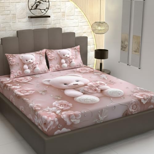 Image of Premium 7D Printed King Size Bedsheet Set with Pillow Covers Soft Cotton Blend Double Bedsheet for Home (Pillow Covers :18x28 inches Bedsheet :90x100 Pink Teddy)