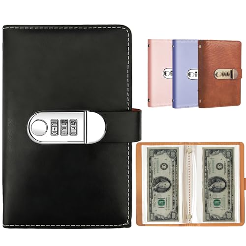 100 Pockets Currency Album with Password Lock Top Grade PU Leather Banknote Collection Book Binder World Paper Money Holders Sleeves for Collector Dollar Bill Cash Storage Collecting Supplies, Black