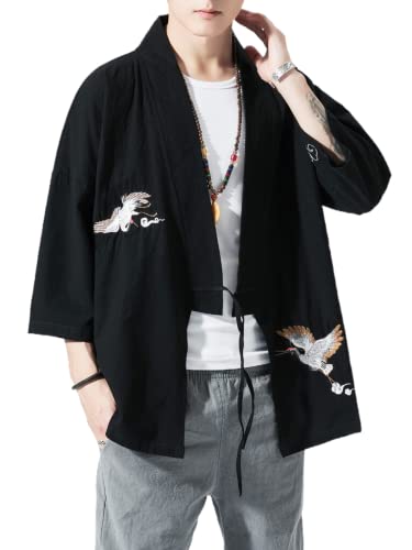 Image of Men's Japanese Kimono Cardigan Loose Cotton Linen 3 /4 Sleeve Open Front Casual Summer Shirt Jackets