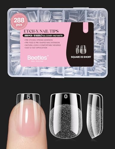 Beetles Gel Nail Tips 288 pcs Extra Short Square Nail Tips 12 Sizes Full Cover Gel Press On Nails Half Matte Acrylic Square Fake Nail Extension Set for Women Home DIY