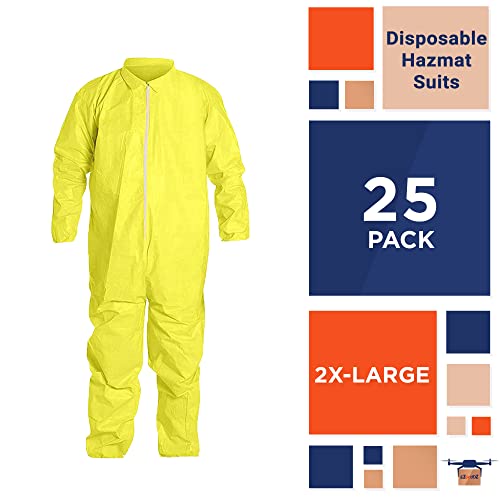Ezgoodz Disposable Hazmat Suits X-Large. Pack Of 5 Yellow Disposable Coveralls. 82 Gsm Polyethylene Polypropylene Protective Suits. Painters Suit With Open Cut Wrists And Ankles, Long Sleeves. #TOP1