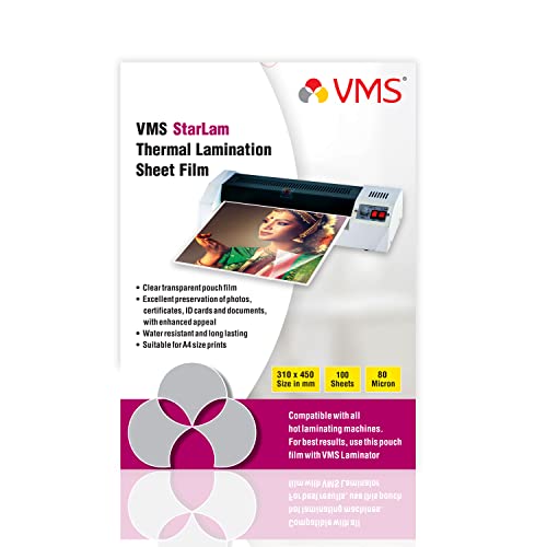 Image of VMS Starlam Thermal A3 Lamination Pouch (Sheets) 310mmx450mm 80 Micron - 100 Laminating Sheets for Certificate and Documents
