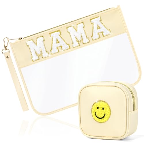 BuyCard 2 Pcs Preppy Patch Clear Mama Bag, Women Chenille Letter Makeup Cosmetic Bag for Travel, PVC Waterproof Organization Outdoor Zipper Pouch Toiletry Bag for Women Girl