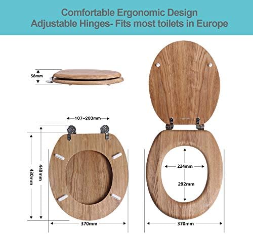 Angel Shield Toilet Seat Antibacterial Wooden Toilet Seat Adjustable Hinges Toilet Seat Always Fits Never Slips for Bathroom, 45 x 37 x 5.6 cm (Solid Oak)