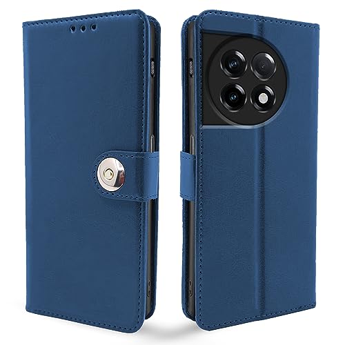 Image of Pikkme OnePlus 11R 5G Flip Cover Leather Finish | Inside TPU with Card Pockets | Wallet Stand and Shock Proof | Complete Protection Button Flip Case (Blue)