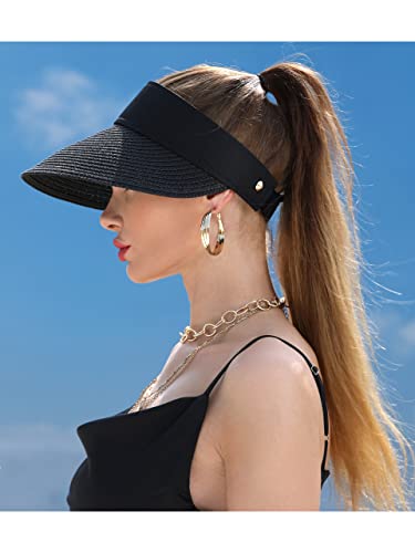Women Wide Brim Straw Visor Sun Hat Uv Protection Packable Beach Cap For Summer Upf 50+(Black) #TOP4