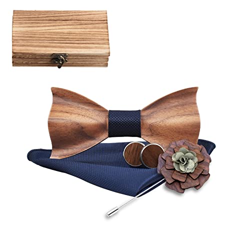 Mr.Van Holzfliege Klassische Set Fliege Herren Holzfliege Holz Manschettenknöpfe Holzbrosche Einstecktuch für Hochzeiten Aufführungen Abschlussball Partei und sogar tägliche Gebrauch