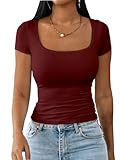 Dwnval Womens Summer Sexy Square Neck Tops Double Lined Short Sleeve Shirts Slim Fit Crop Top(Burgundy, S)