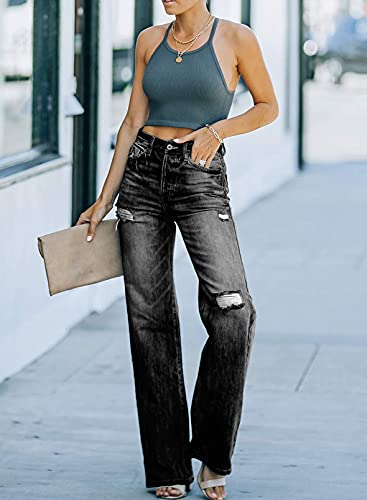 Dokotoo Fashion High Waisted Flare Jeans For Women Ripped Row Hem Solid Basic Vintage Distressed 90'S Denim Pants Black Small #TOP2