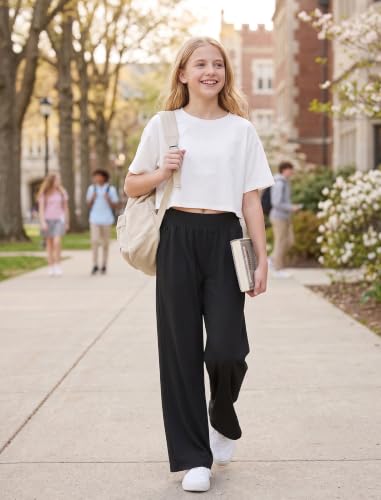 Image of EXARUS 3 Pack Girls Wide Leg Pants Baggy /Tapered Loose Casual School | Teen Flowy Tween Trousers Youth Sweatpants Junior Preteen Bottoms Lightweight Soft Kids 6-14Y