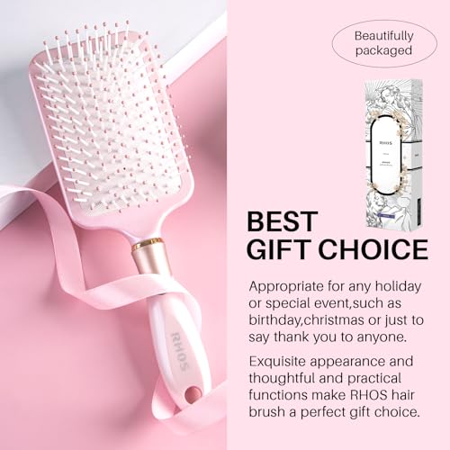 RHOS Paddle Brush for Women & Men - Detangler for Thick, Curly, Long, Wet & Dry Hair - Nylon Bristles Square Cushion Brush for Smoothing and Detangling (1 Pack - Pink)