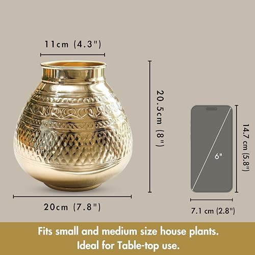 Behoma Matki Shape Metal Flower Vase for Home Decor, Traditional Embossed Metal Flower Pot for Office Table Decorations, Modern vases, Gift for Festival, 8 inches, Golden 1 Pc (Flowers not Included)