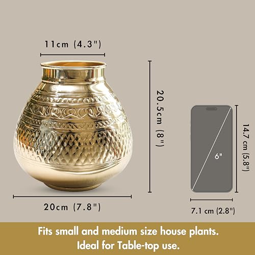 Behoma Matki Shape Metal Flower Vase for Home Decor, Traditional Embossed Metal Flower Pot for Office Table Decorations, Modern vases, Gift for Festival, 8 inches, Golden 1 Pc (Flowers not Included)