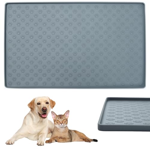 Alfombra Perro y Gato, Alfombra Comedero Perro y Gato, Resistente, Duradurera, Impermeable, Antideslizante, Borde Elevado, Evita Derrames, Apta para Lavavajillas, Dibujo Relieve con Patitas, 55x40 cm