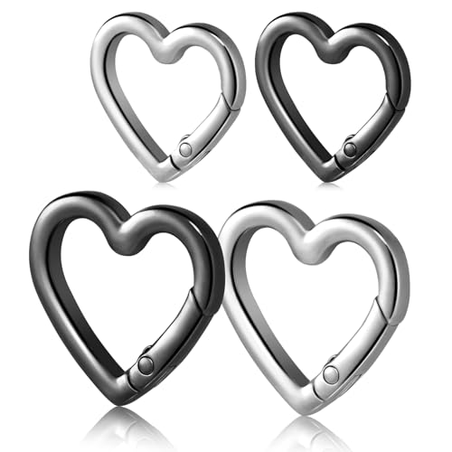 4pcs Heart Carabiner Keychain Clip Metal Spring Heart Rings Hook Key Ring Carabiner Clips for Purse Bag Charms Backpack Strap Dog Tags Hang Water Bottle Paracord Keychain Lanyard(Silver Black)