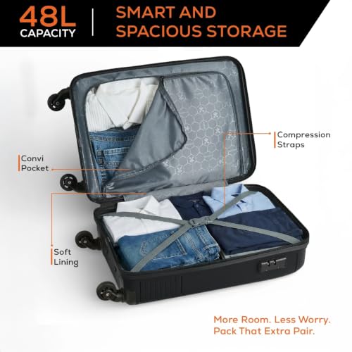 Image of HRX Icon Cabin Size Haileys Black Polypropylene Hard Shell Suitcase - Premium Travel Trolley Bag with 4 Spinner Wheels, Number Lock & Water Resistant Body