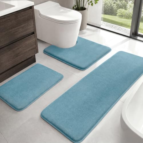 HUXMEYSON Bathroom Rugs Sets 3 Piece, Non-Slip & Quick Dry Bath Mat Set, Ultra Soft Velvet Bath Rugs for Bathroom, Toilet and Shower Floor, Lake Blue by HUXMEYSON - Used condition - US$36.57
