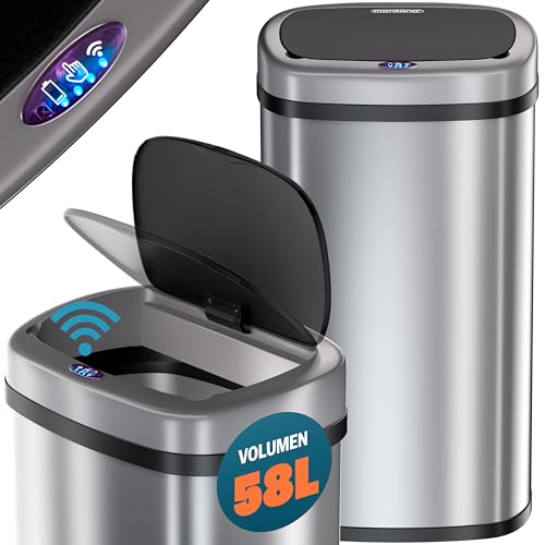 Miniatura 9 de Monzana Cubo De Basura Cocina Con Sensor 58 L Acero Inoxidable Tapa Automática Extraíble Anillo Seguridad Indicador Led Cable Usb Casa Oficina Plata