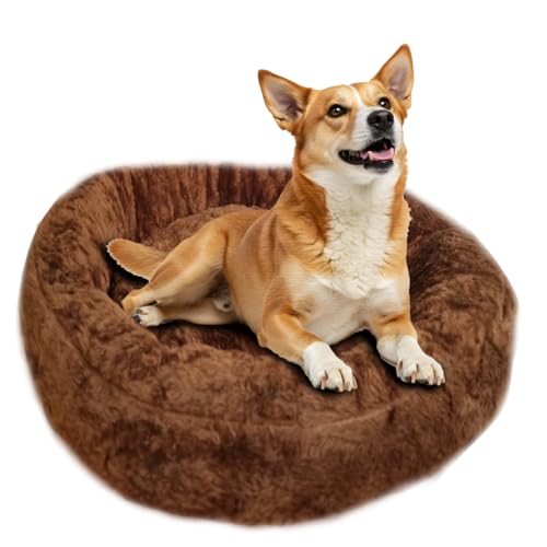 HALVERIA Cama Redonda Marrón M 65 cm para Mascotas, Felpa Suave, Cojín Antiansiedad y Acolchado Confortable, Descanso Premium para Perros y Gatos, Lavable y Resistente, Material Poliéster
