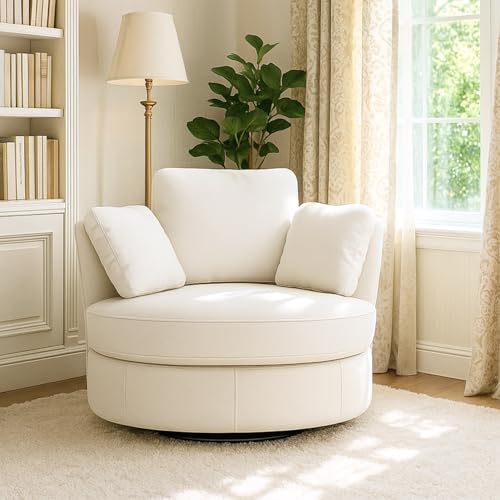 Aortzio 40.6''W Swivel Accent Barrel Chair, Chenille Upholstered Round Single Couch Sofa with 3 Pillows for Living Room, Apartment, Bedroom (Beige)
