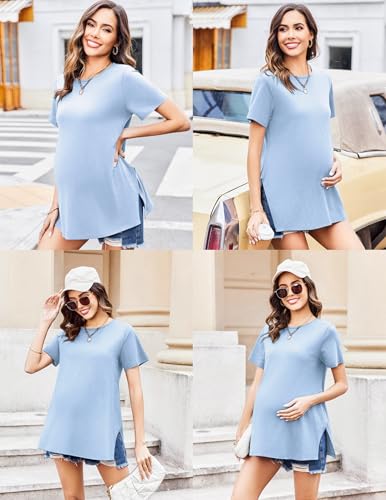 Ekouaer 3 Pack Maternity Shirts Short Sleeve Split Side Pregnancy Tops Casual Pregnant Tunic Blouse Black/White/Stripe Medium — view 4