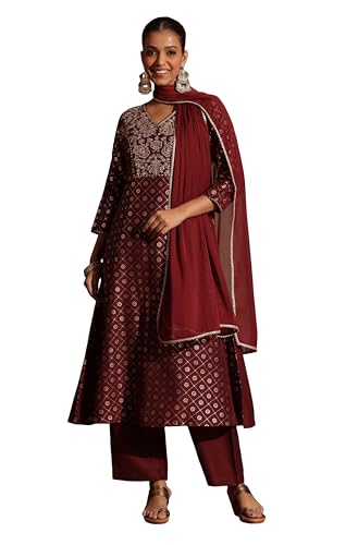 Kurta femme marron imprimé feuille en soie trapèze Janasya brodé