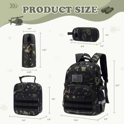Similove Camo Backpack for Boys, Boys Tactical Backpack with 13OZ Water Bottle Lunch Box and Pencil Case, 20L Kids Military Army Bookbag for Kindergarten Elementary School Bag Travel Camping - Image 2