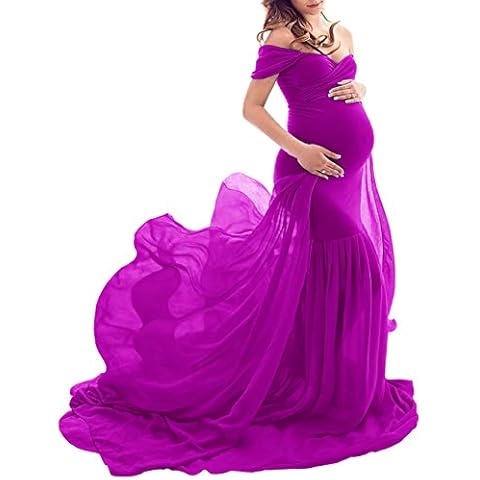 ZIUMUDY Maternity Off Shoulder Mermaid Chiffon Gown Maxi Photography Dress Baby Shower Photo Props Dress - Purple - One Size Cover