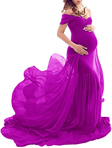 ZIUMUDY Maternity Off Shoulder Mermaid Chiffon Gown Maxi Photography Dress Baby Shower Photo Props Dress, Purple, One size