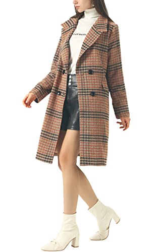 Chouyatou Women's Classic Notched Collar Double Breasted Plaid Wool Blend Long Trench Coat (Plaid-Brown, Large) #TOP3