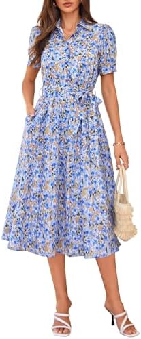 GRACE KARIN Womens Summer Floral Wedding Guest Dress 2026 Cotton Puff Short Sleeve Midi Shirt Dress Flowy Boho Sundresses with Pockets Belt Blue Orange S