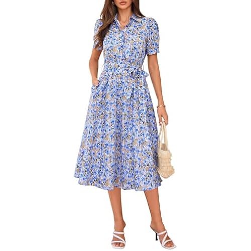 GRACE KARIN Floral Wedding Guest Dress for Women 2026 Cotton Puff Sleeve Midi Shirt Sundresses Fashion Clothes with Pockets