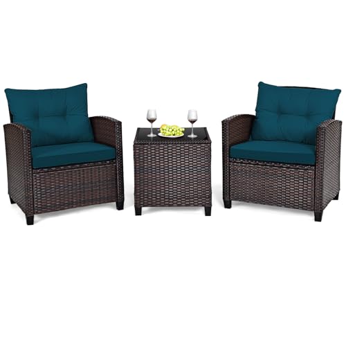 Image of Tangkula 3 Pieces Patio Furniture Set, PE Rattan Wicker 3 Pcs Outdoor Sofa Set w /Washable Cushion and Tempered Glass Tabletop, Conversation Furniture for Garden Poolside Balcony (Prussian Blue)