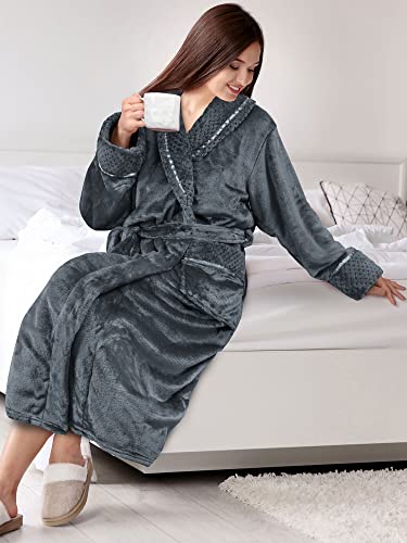 Pavilia Soft Plush Women Fleece Robe, Grey Cozy Bathrobe, Female Long Spa Robe, Warm Housecoat, Satin Waffle Trim, L/Xl #TOP4