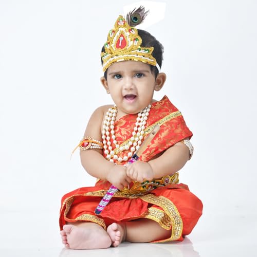 Image of ITSMYCOSTUME Krishna Dress for Baby Boy Kids Set of 10(Dhoti,Hip Cover,Patka,Mukut,Morpankh,Bansuri,Kamarband,Bajuband,Kundal) Little Krishna Ji Kanha Janmasthmi Costume