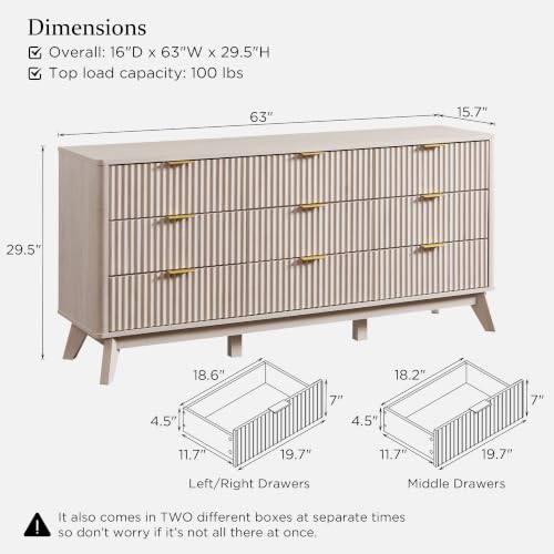 Image of T4TREAM 63 inch Wide Fluted 9 Drawer Dresser for Bedroom, White Alder