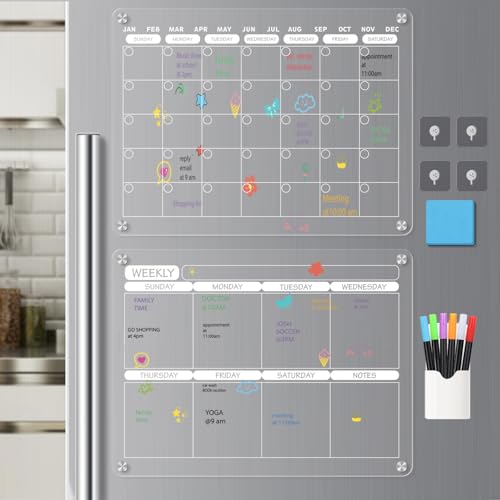 FAZHENWJ Acrylic Magnetic Dry Erase Calendar Board for Fridge, 16"X12" - Erasable Monthly and Weekly Planner with to-Do List, Includes 6 Markers and Eraser