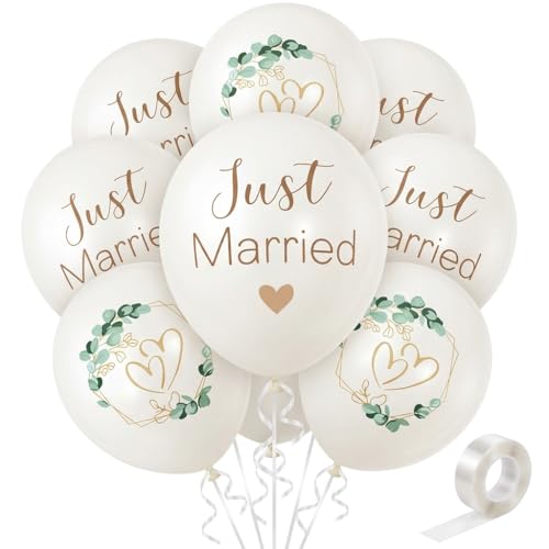 Just Married Lot de 30 ballons de décoration de mariage, ballons en forme de cœur en eucalyptus, 30 cm, blancs, pour décoration de mariage, demande en...
